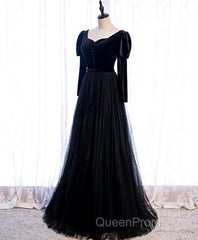 Black Tulle Long Evening Prom Dresses, Black Tulle Formal Dresses