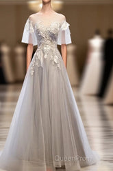 Gray Tulle Lace Long Evening Prom Dresses, Gray Tulle Lace Evening Dresses, 5