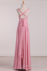 Pink V-Neck Lace-Up Long Bridesmaid Dresses