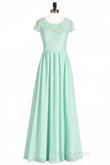 Sage Green Lace and Chiffon Cap Sleeve A-Line Long Bridesmaid Dresses