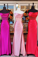 Black Strapless Mermaid Satin Long Evening Prom Dresses with Slit