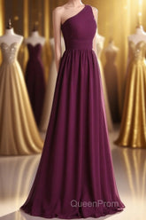 Magenta Chiffon One-Shoulder A-Line Long Bridesmaid Dresses
