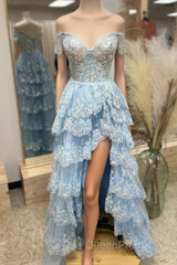 Light Blue Lace Sweetheart Tiered Long Evening Prom Dresses with Slit