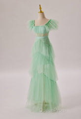 Mint Green Flare Sleeves Ruffles Long Party Dresses