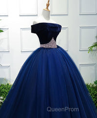Dark Blue Tulle Off Shoulder Long Evening Prom Dresses, Blue Sweet 16 Dresses