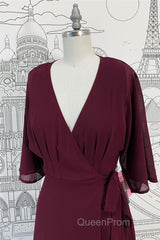 Wrap V Neck Sleeves Chiffon Long Bridesmaid Dresses with Sash