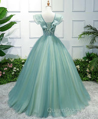 Green V Neck Tulle Long Evening Prom Dresses, Green Evening Dresses