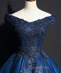 Blue Tulle Lace Off Shoulder Long Evening Prom Dresses, Blue Tulle Lace Evening Dresses