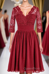 Red Lace V-Neck Backless Short Bridesmaid Dresses