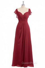 Wine Red Chiffon Backless Ruffled Sleeve Long Bridesmaid Dresses