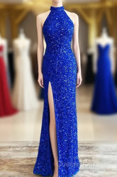 Blue Sequin Halter Long Formal Dresses with Slit
