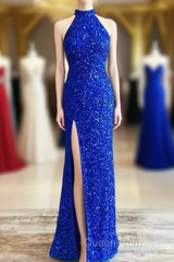 Blue Sequin Halter Long Formal Dresses with Slit