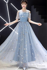 Blue Round Neck Tulle Long Prom Dress, Blue Tulle Evening Dress, 1