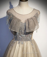 Champagne Round Neck Sequin Long Evening Prom Dresses, Tulle Formal Dresses