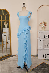 Light Blue Flaunt Sleeves Mermaid Ruffled Long Bridesmaid Dress with Slit