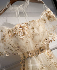 Champagne Tulle Lace Long Evening Prom Dresses, Champagne Formal Dresses, 1