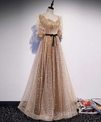 Champagne Sweetheart Tulle Long Evening Prom Dresses, Tulle Formal Dresses