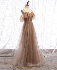 Champagne Tulle Sequin Long Evening Prom Dresses, Champagne Evening Dresses