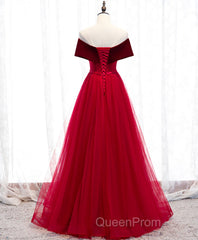 Burgundy Tulle Off Shoulder Long Evening Prom Dresses, Burgundy Formal Dresses
