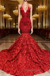 Burgundy Halter Mermaid V-neck Low back Flowers Evening Prom Dresses