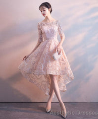 Pink Round Neck Lace Short Prom Dress Pink Homecoming Dress 1