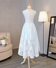 Light Blue Lace High Low Evening Prom Dresses, Homecoming Dresses