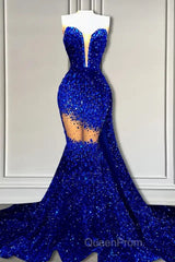 V-Neck Sequins Evening Prom Dresses Mermaid Sleeveless Crystal.