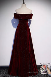 Burgundy Velvet Long Prom Dresses, Off the Shoulder Evening Dresses