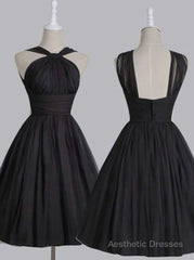 Vintage A Line Straps Knee Length Chiffon Sash Backless Black Party Homecoming Dresses