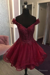 Off the Shoulder Short Burgundy Homecoming Dress