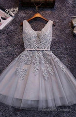 Princess/A-Line V-Neck Appliques Gray Tulle Homecoming/Prom Dresses