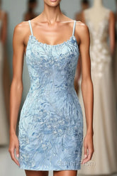 Light Blue Tight Hoco Dresses with Appliques