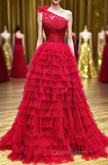 Red One Shoulder Corset Tiered Long Evening Prom Dresses with Ruffles