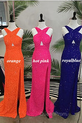 Fitted Criss Coss Neck Orange Evening Prom Dresses with Slit