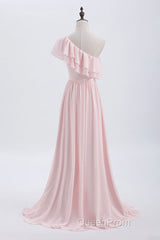 Ruffles Pink One Shoulder Chiffon A-line Long Bridesmaid Dresses