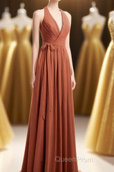 Rust Orange Wrap A-Line Long Dresses