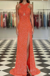 Fitted Criss Coss Neck Orange Evening Prom Dresses with Slit