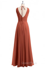 Rust Orange Crew Neck Backless A-Line Long Bridesmaid Dresses