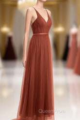 Rust Orange V-Neck Backless A-Line Long Bridesmaid Dresses