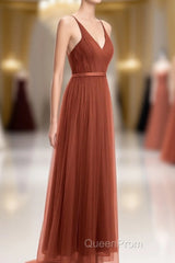 Rust Orange V-Neck Backless A-Line Long Bridesmaid Dresses