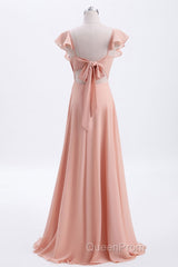 Peach Ruffles A-lline Chiffon Long Bridesmaid Dresses with Tie Back