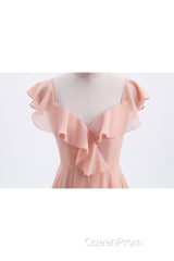 Peach Ruffles A-lline Chiffon Long Bridesmaid Dresses with Tie Back