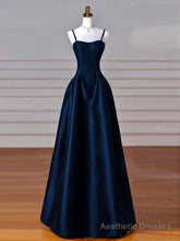 Simple A-Line Dark Blue Satin Long Prom Dress, Dark Blue Long Formal Dress