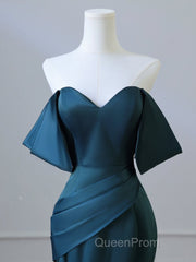 Simple Off Shoulder Satin Ink Blue Long Evening Prom Dresses, Ink Blue Long Formal Dresses