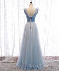 Simple Blue V Neck Tulle Long Evening Prom Dresses, Blue Formal Dresses
