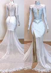 2025 White Long Sleeve High Neck Lace and Tulle Side Slit Mermaid Prom Dresses