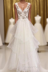 Charming Tulle Appliques V Neck Lace Wedding Dresses with Ruffles