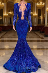 Hot Sparkle Royal Blue Sequin Long sleeves Mermaid Evening Prom Dresses