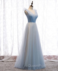 Simple Blue V Neck Tulle Long Evening Prom Dresses, Blue Formal Dresses