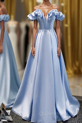Blue A Line Off Shoulder Long Evening Prom Dresses, Blue Evening Dresses